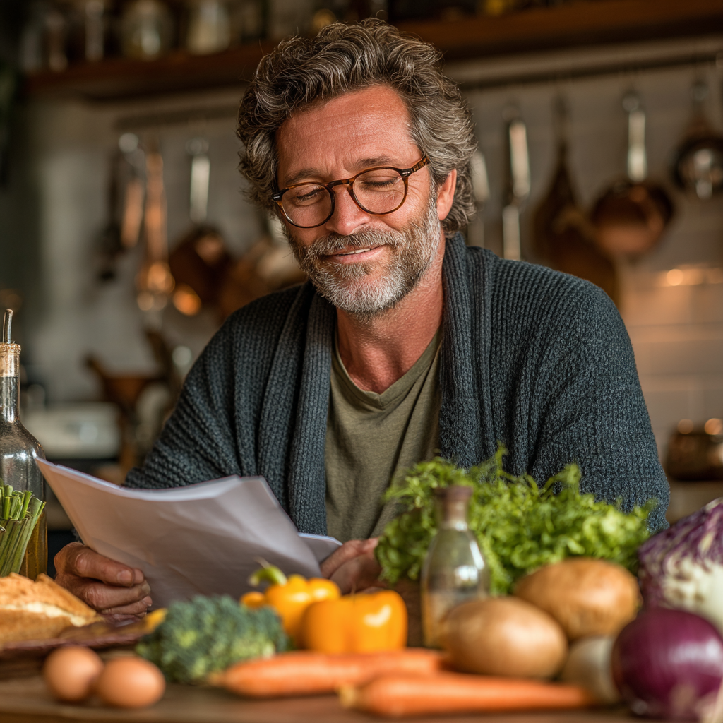 Happy middle-aged man in his 50s reading nutrition plan at kitchen table with healthy meal ingredients around