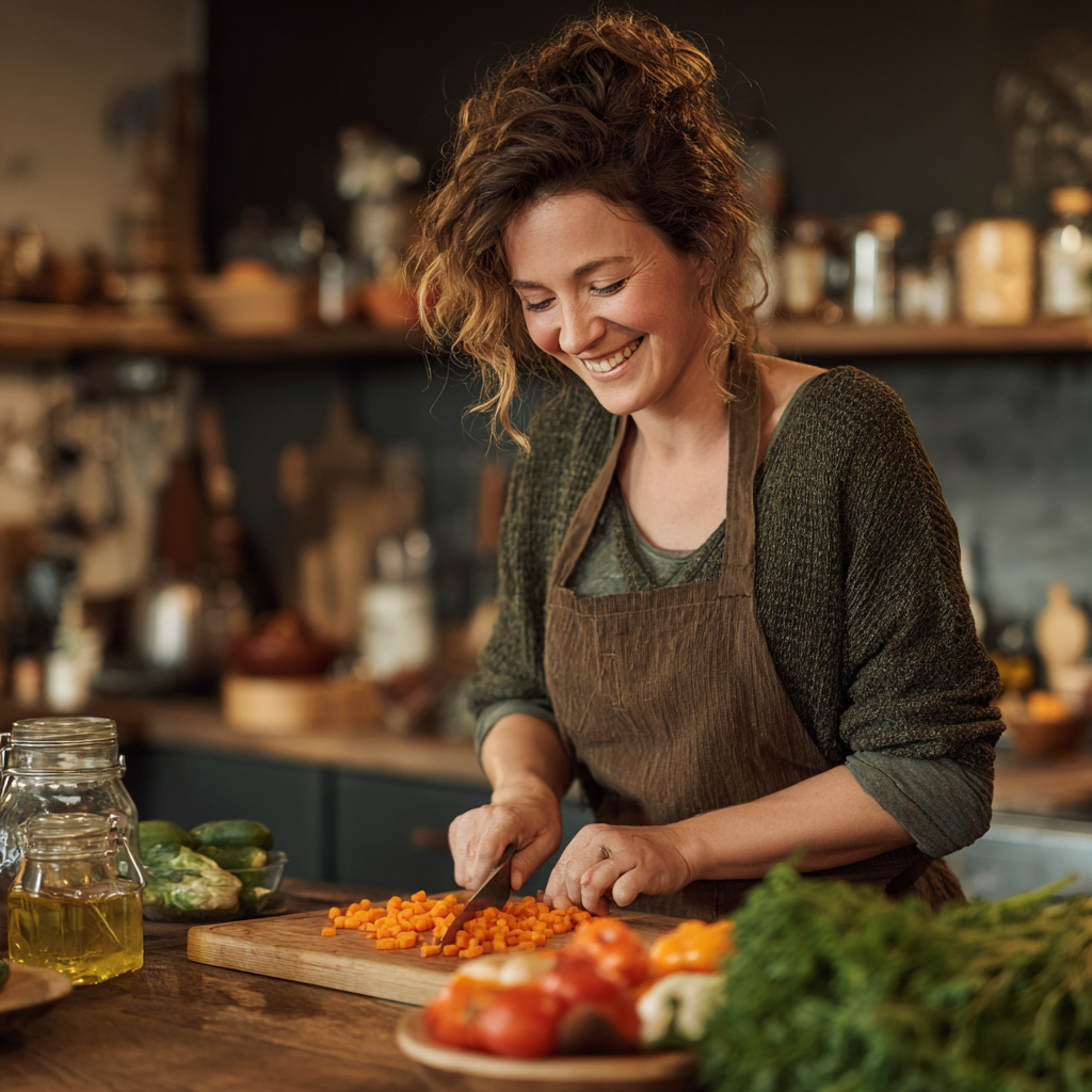 Smiling woman in her 40s preparing healthy meal in modern kitchen, chopping fresh vegetables on wooden cutting board